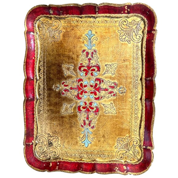 Vintage Florentine Gilt Tray with Red Lacquer Border - Picture 9 of 16